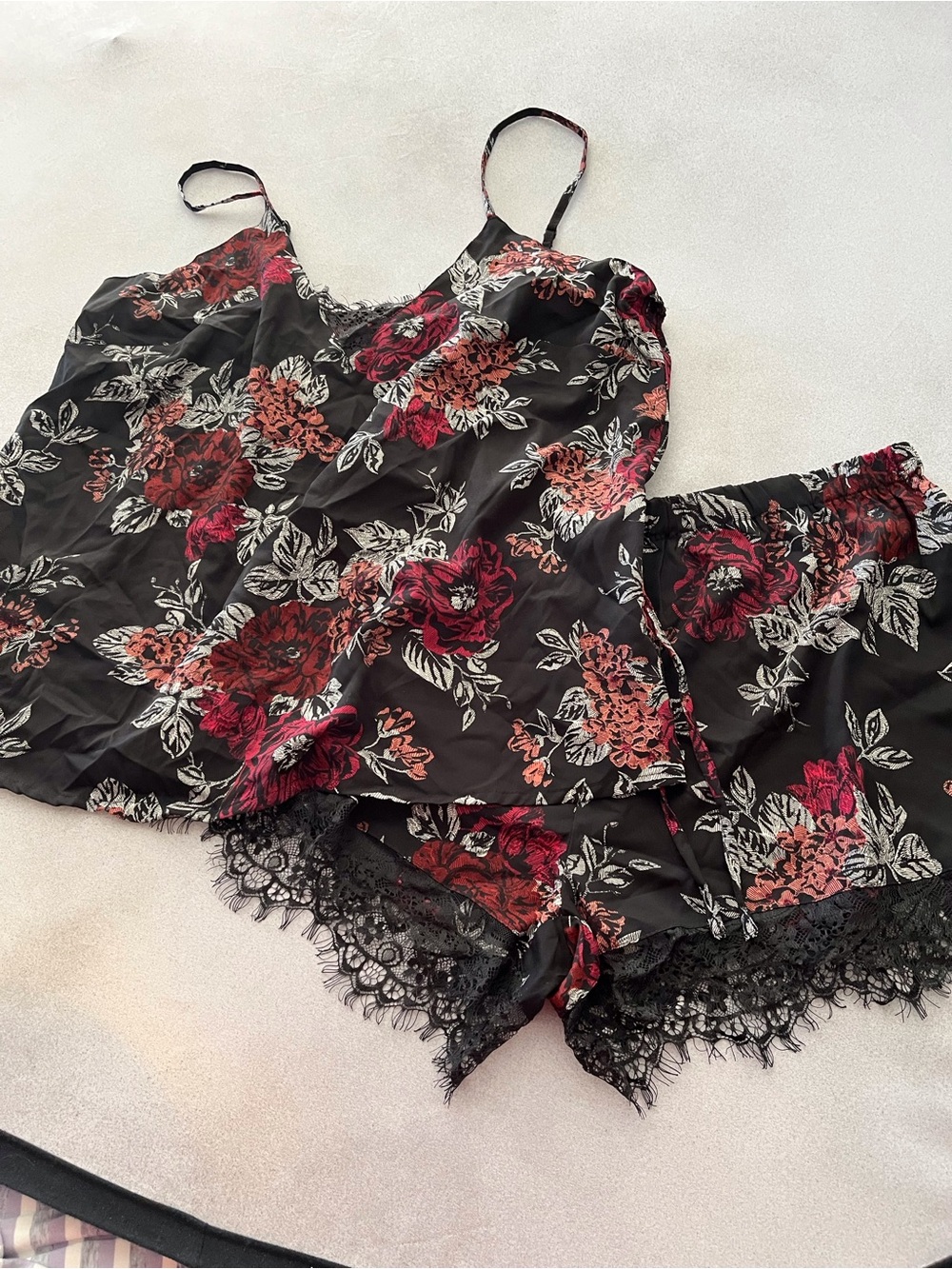 Japna Black Floral Lace-Trim Camisole & Shorts Set Size XL